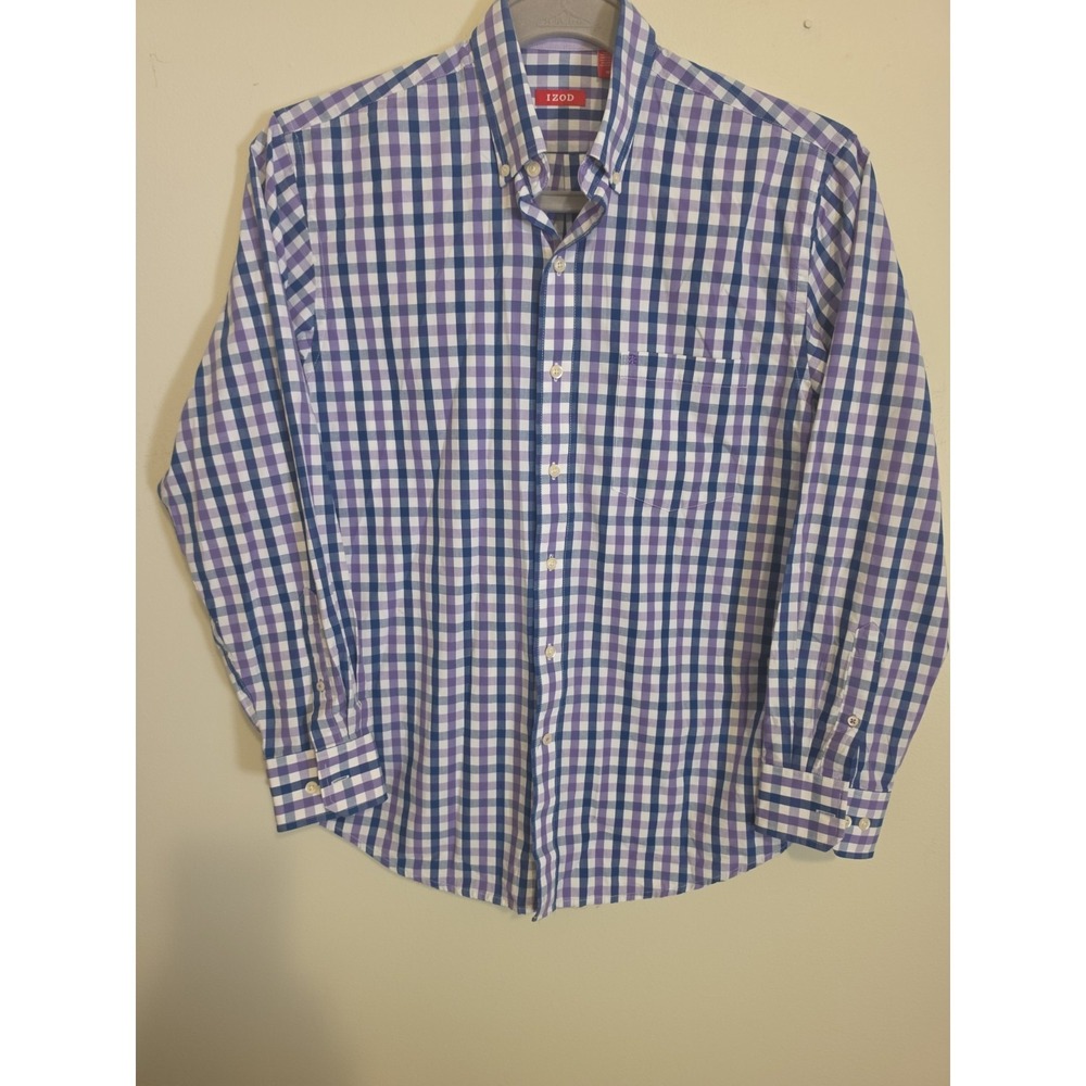 IZOD Men's Medium Button Down Shirt Long Sleeve Purple Blue Gingham Plaid M